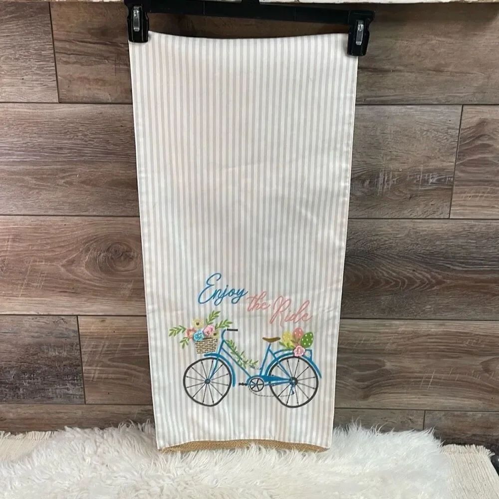 Embroidered Table Runner Blue Beach Bike Spring Basket Flowers Size 70” Length